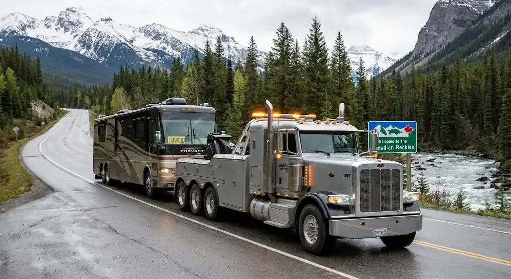 Winnipeg heavy-duty tow truck with RV in transport