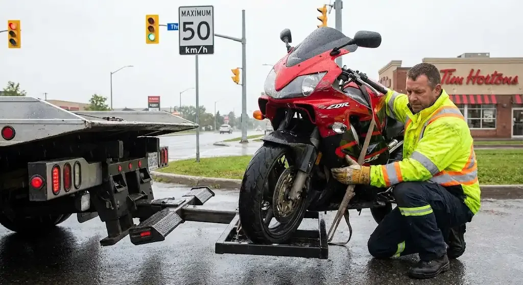 Winnipeg motorcycle being safely loaded for transport