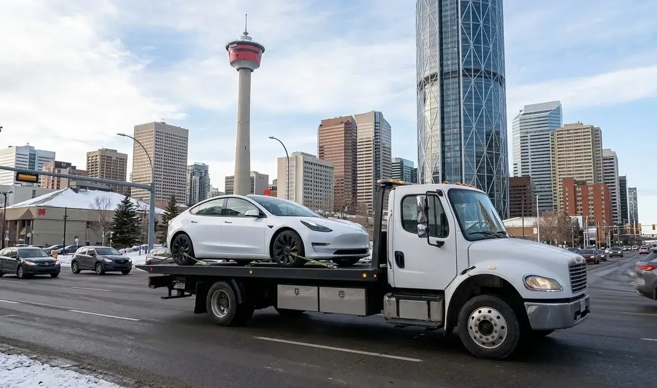Winnipeg electric vehicle on flatbed transport